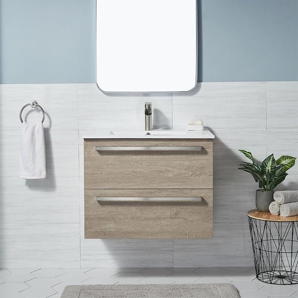 Pvillez 30 inch Bathroom Vanity with Sink Combo, Wall Mounted Bathroom  Vanity Set with White Glossy Ceramic Basin & Adjust Open Shelf, Modern  Floating