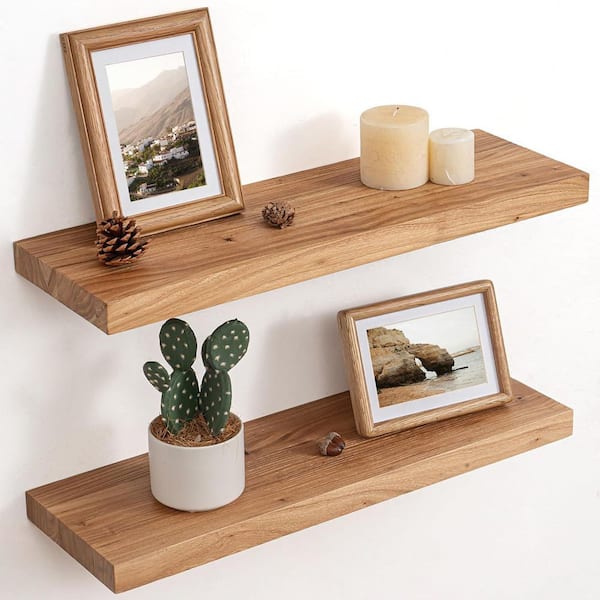 24 in. W x 8 in. D Natural Solid Elm Wood Floating Shelves Decorative Wall Shelf for Living Room Bathroom Set of 2