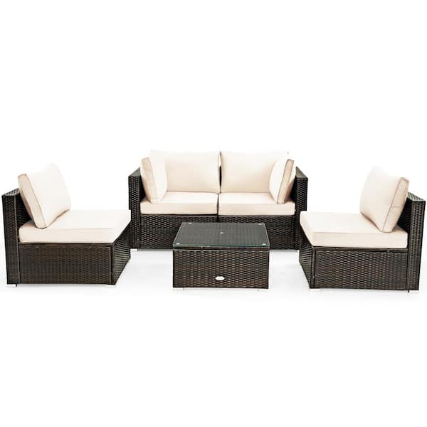 Gymax 5PCS Rattan Patio Conversation Set Sofa Furniture Set w/White Cushions
