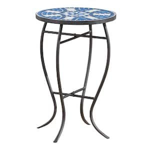 Elegant Design Round Matte Black Metal Outdoor Side Table with Mosaic-Style Patterned in Blue and White Ceramic Tiles