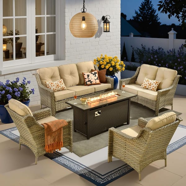 Eureka 5-Piece Wicker Outdoor Fire Pit Patio Conversation Sofa Seating Set with Beige Cushions