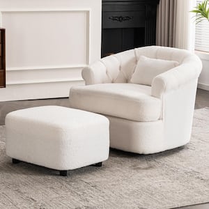 Modern Luxury Teddy Velvet Fabric Swivel Barrel Chair with Ottoman - White