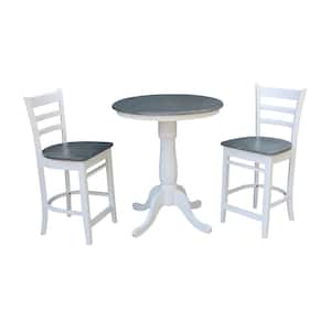 Hampton 3-Piece 30 in. White/Heather Gray Round Solid Wood Counter Height Dining Set with Emily Stools