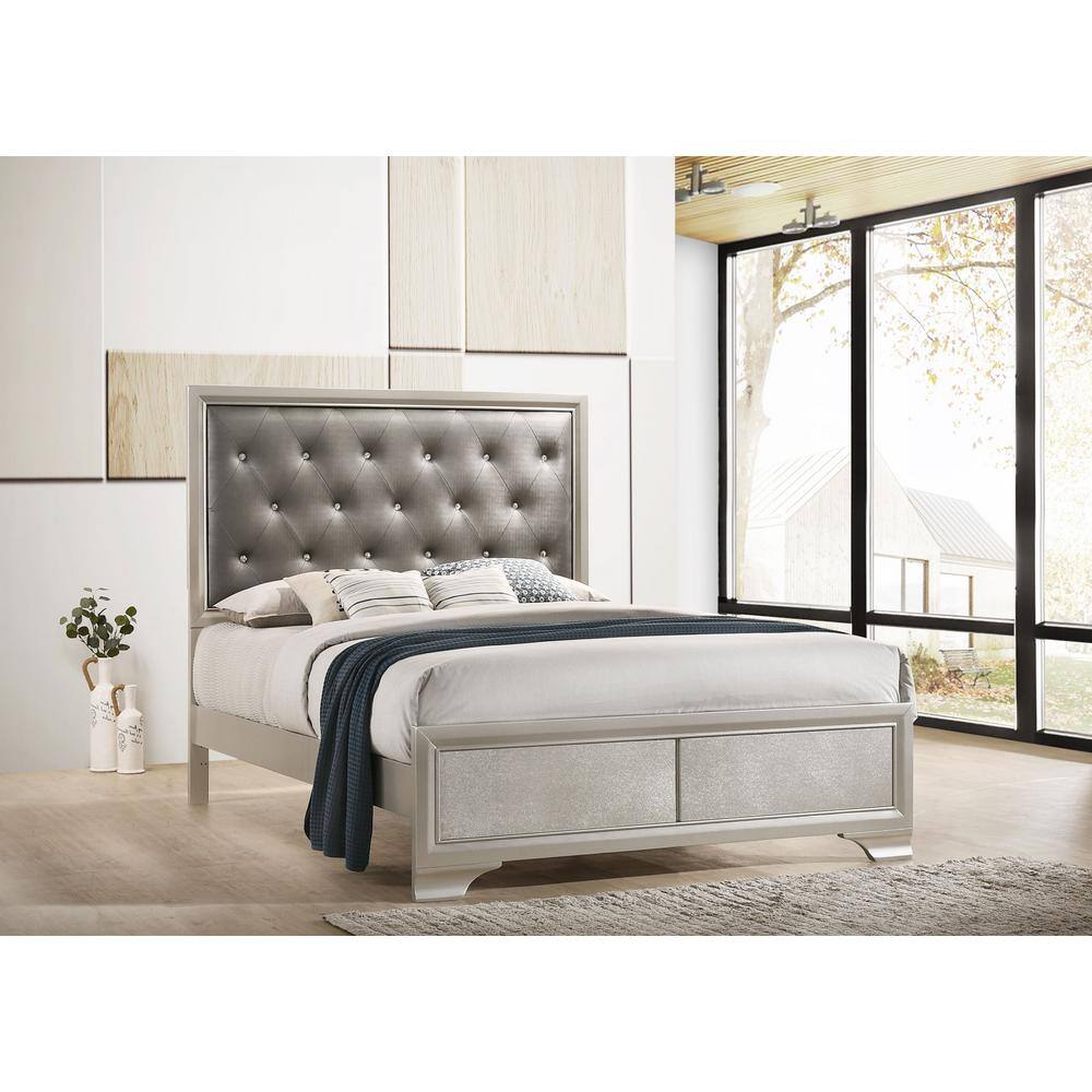 Silver Faux Leather Queen Upholstered Bed with Tufted Headboard