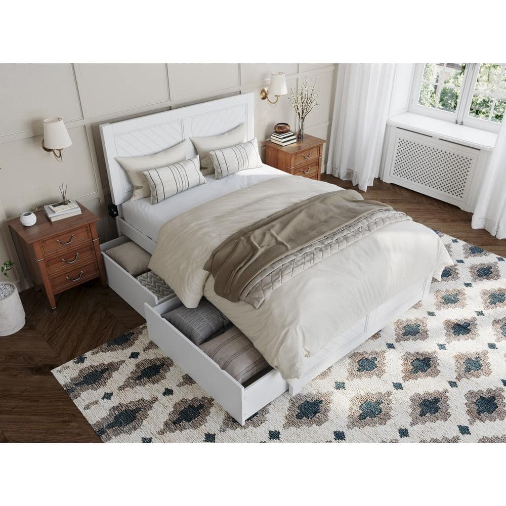 Canyon White Full Wood Platform Bed with Storage Drawers