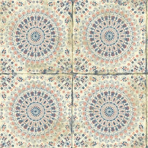 Mandala Boho Tile Coral, Cream, and Midnight Blue Rustic Paper Strippable Roll (Covers 56.05 sq. ft.)