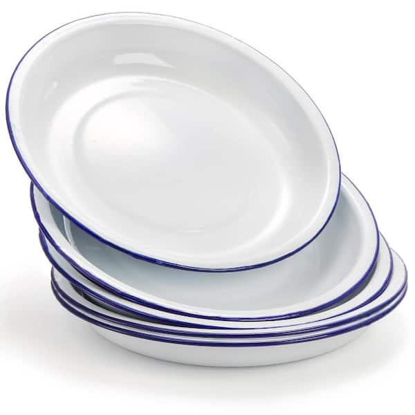 Set of 5 White Enamel Salad and Dessert Plates with Blue Rim 9.5 in Round Shallow Steel Enamelware