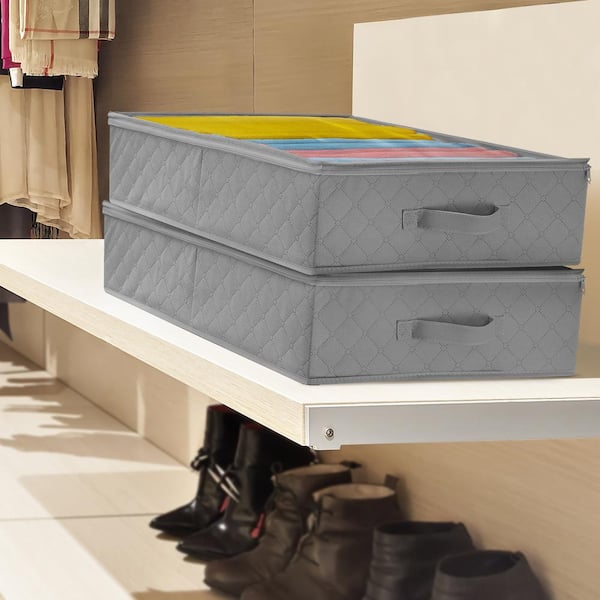 Storage Bags Closet & Underbed Organizer Set, Gray 24 in. x 6 in. Fabric Decorative Box Set of 2, with Cover and Handles
