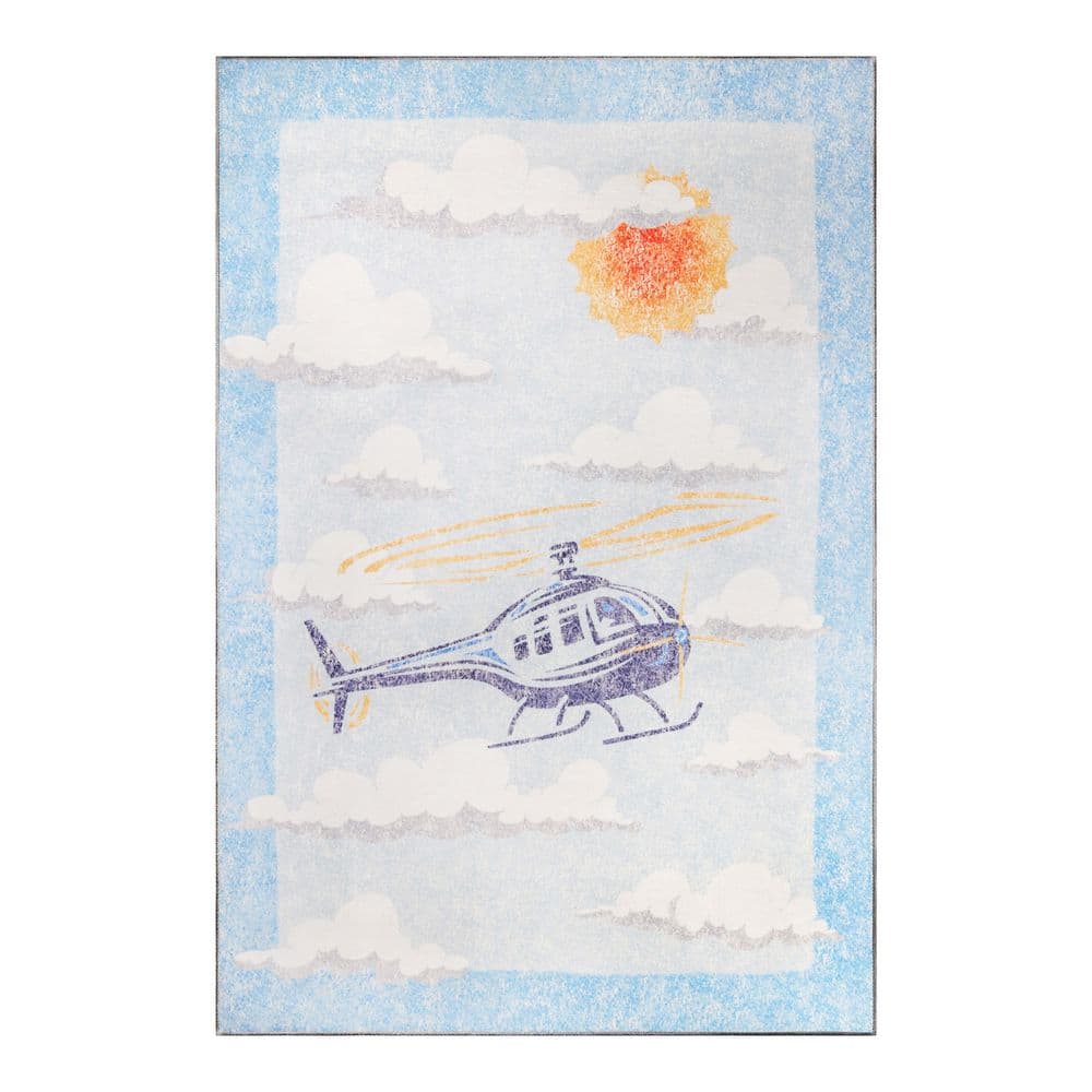5' x 7' 6" World Explorer Helicopter Indoor Flatweave Polyester Anti-Skid Kids  Area Rug Travel Cerulean Blue by Superior