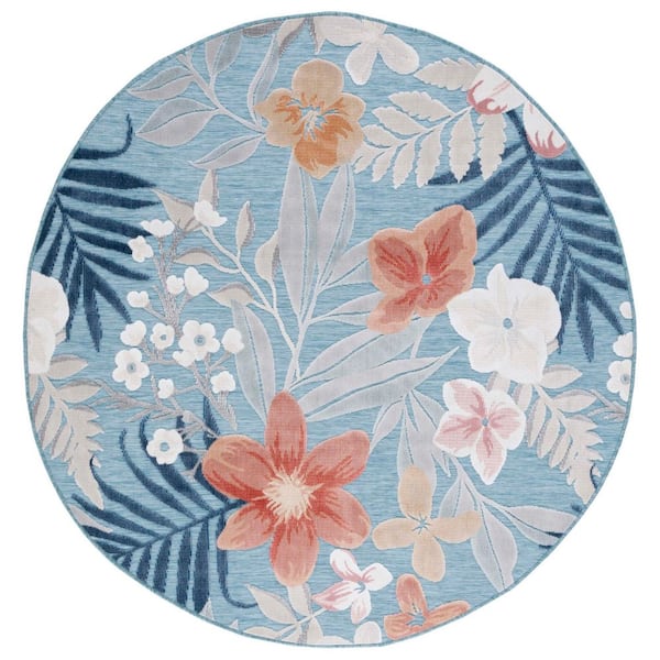 Cabana Aqua/Rust 4 ft. x 4 ft. High-Low Floral Leaf Indoor/Outdoor Round Area Rug