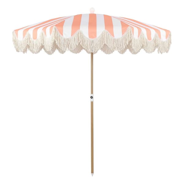 Mariner 6.5 ft. Classic Cottage Fringe Tassel Market Beach Umbrella in Coral Pink and White Stripe/Cream, Brown Pole