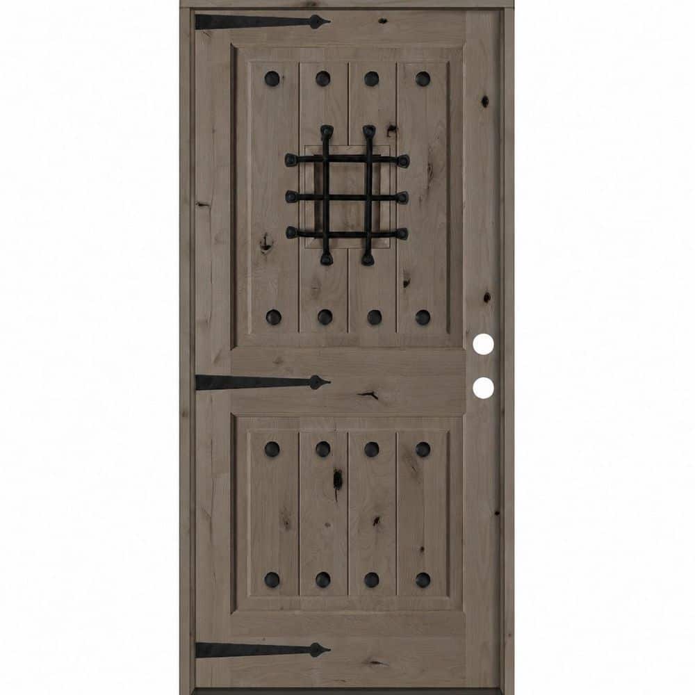 36 in. x 80 in. Med. Knotty Alder Square Top Left-Hand/Inswing BEHR Weathered Gray Stain Single Wood Prehung Front Door price history on PriceWatchPro