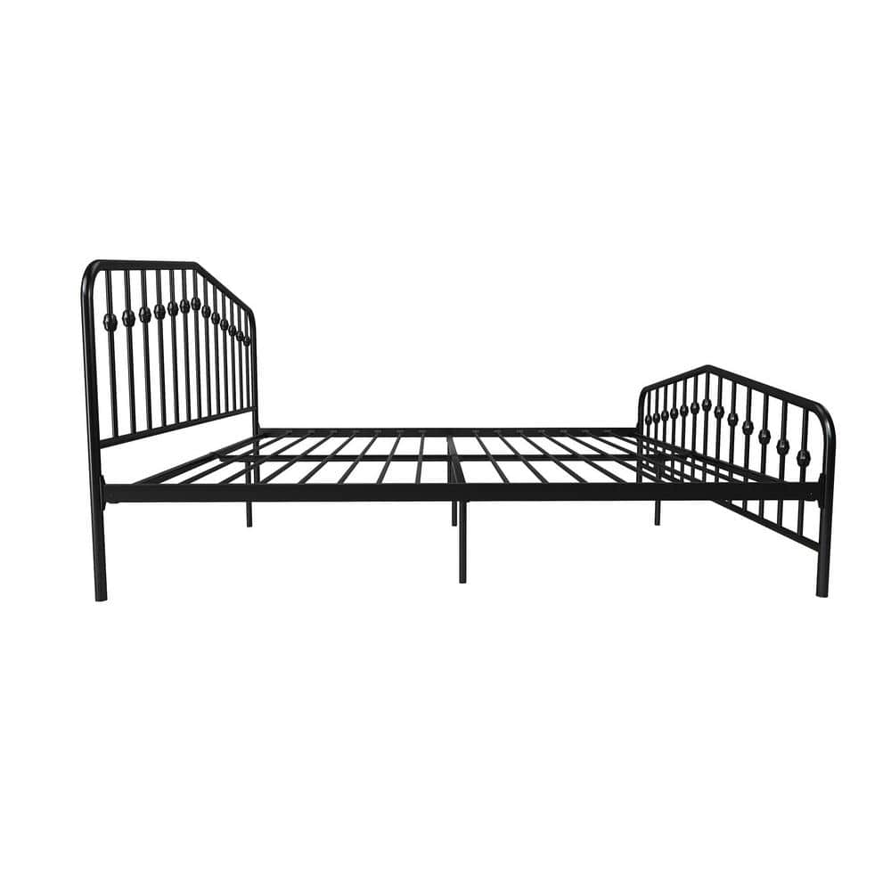 King-Sized Black Pine and Metal Upholstered Bed with Storage Drawer