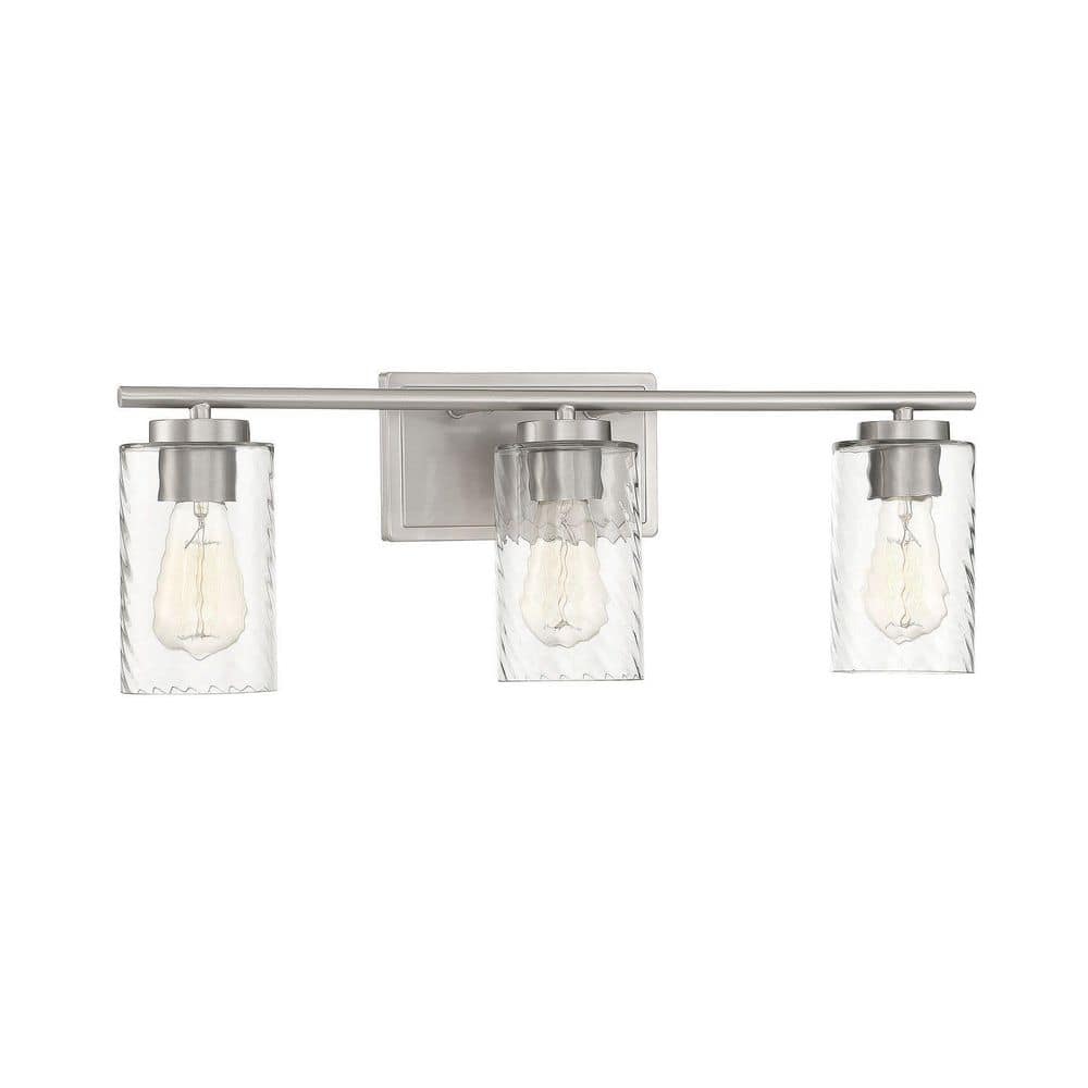 Transitional Brushed Nickel 3-Light Outdoor Bath Bar with Clear Swirl Glass