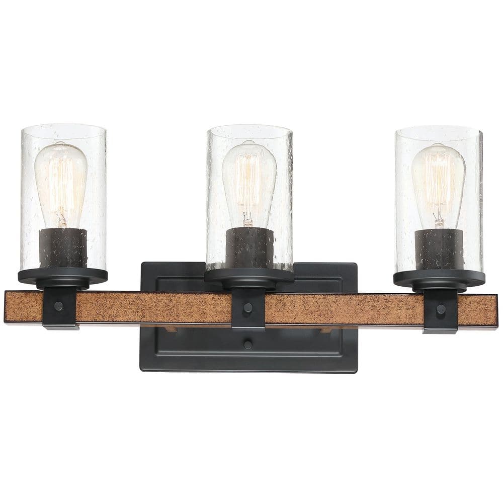 22.06 in. 3-Light Black and Barnwood Vanity Light with Seed Glass Shade price history on PriceWatchPro