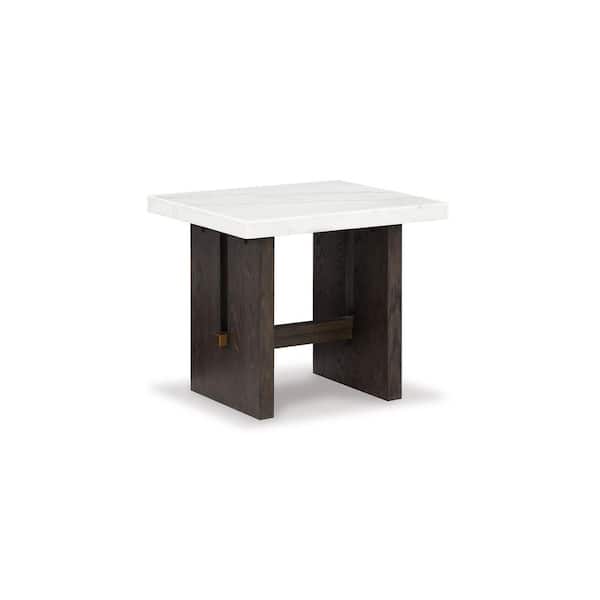 Burkhaus 26 in. White / Dark Brown Rectangle Marble End Table with Trestle Base