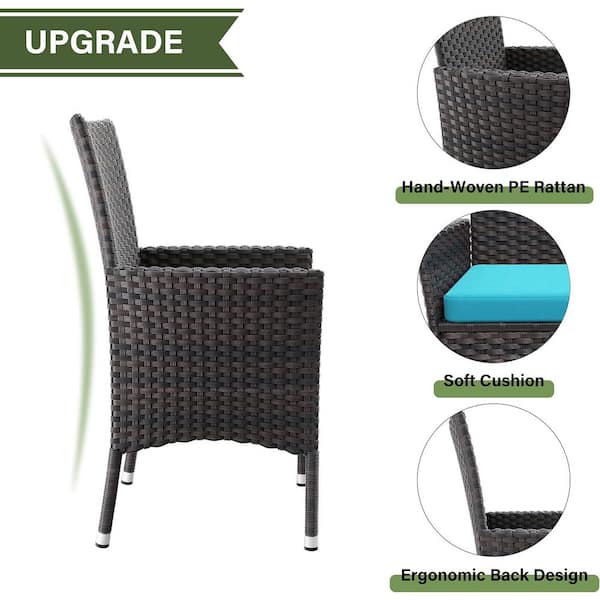 10-Piece Wicker Patio Outdoor Dining Set with Glass Tabletop, 1.5 in. Umbrella Hole and Blue Cushion