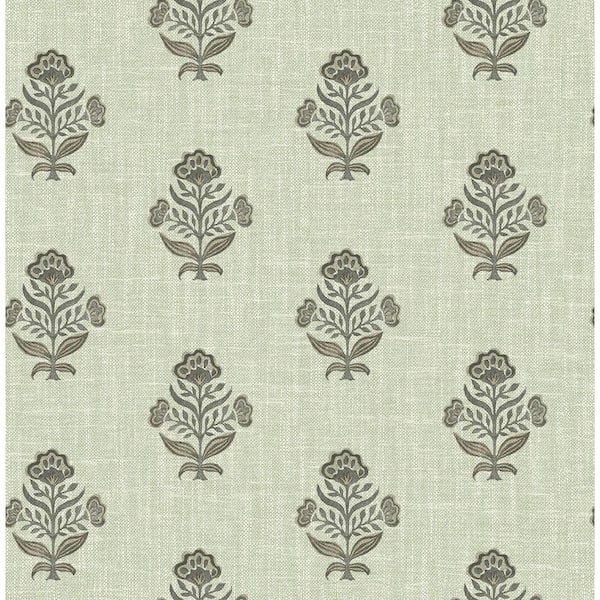 Chesapeake Hollyhock Green Floral Crest Wallpaper Sample