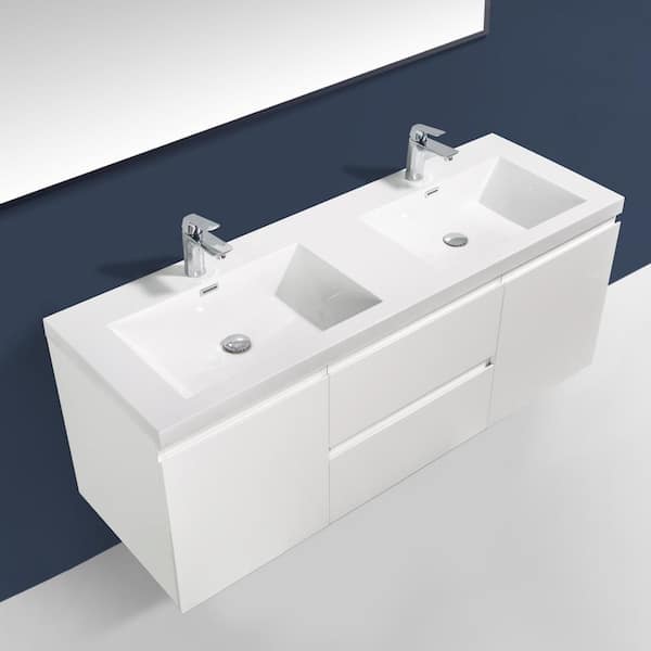 59.06 in. W x 19.69 in. D Wall-Mounted Bath Vanity in High Glossy White with White Glossy Resin Top