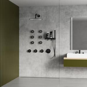 Thermostatic 7-Spray Wall Mount Round 2.5 GPM Shower System with Shelf and Hooks in Matte Black (Valve Included)