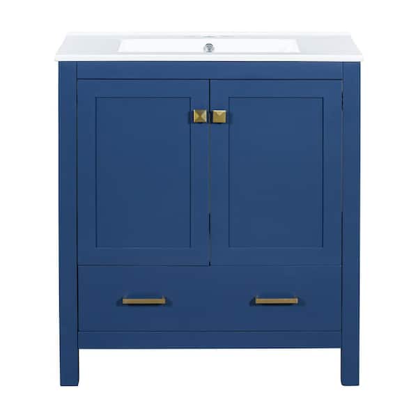 Virubi 30 in. W x 18 in. D x 34 in. H Bath Vanity in Blue with White Ceramic Top, Multifunctional Storage and Single Sink