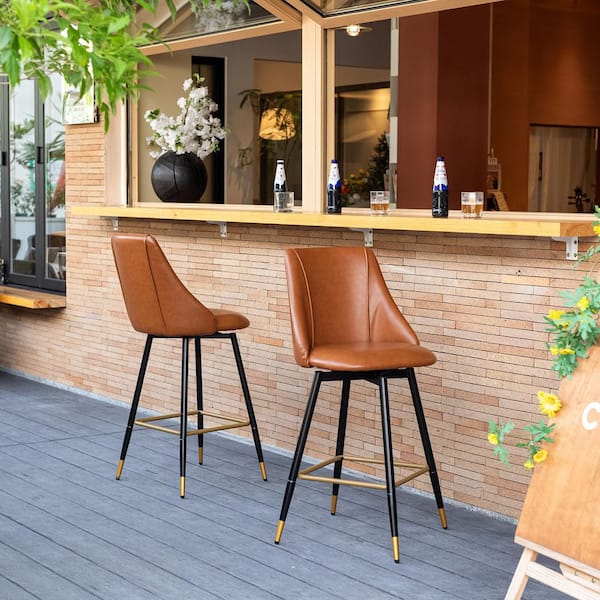 Homy Casa Smeg SW 26.8 in. Cognac PU Leather Swivel Counter Height Bar Stools with Metal Frame and Wood-Effect Legs (Set of 2)