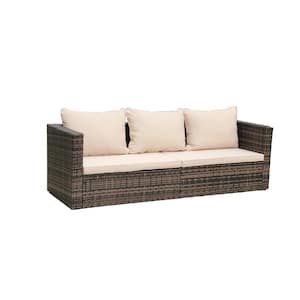 Brown 4 piece Wicker Patio Conversation Sectional Seating Set with Beige Cushions