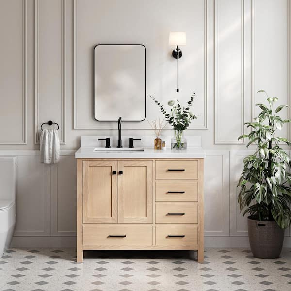 ARIEL Cambridge 43 in. W x 22 in. D x 36 in. H Single Freestanding Bath Vanity in Oak with Pure White Quartz Top