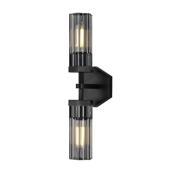 PUYRNF 18 in. 2-Light Black Glass Wall Sconce With Hexagonal Shade For Living Room, Bedroom, Fireplace, Staircase (1PCS)