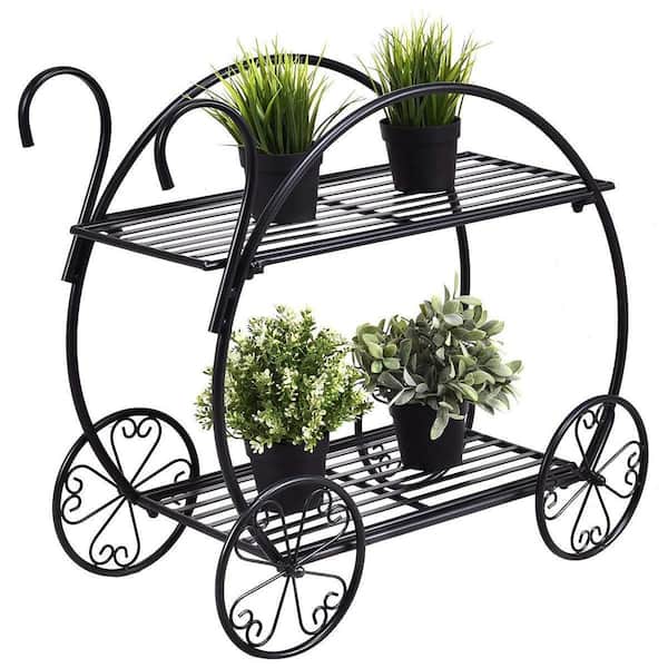 Winado 26 in. H Painted Black Metal 2-Shelf Plant Stand