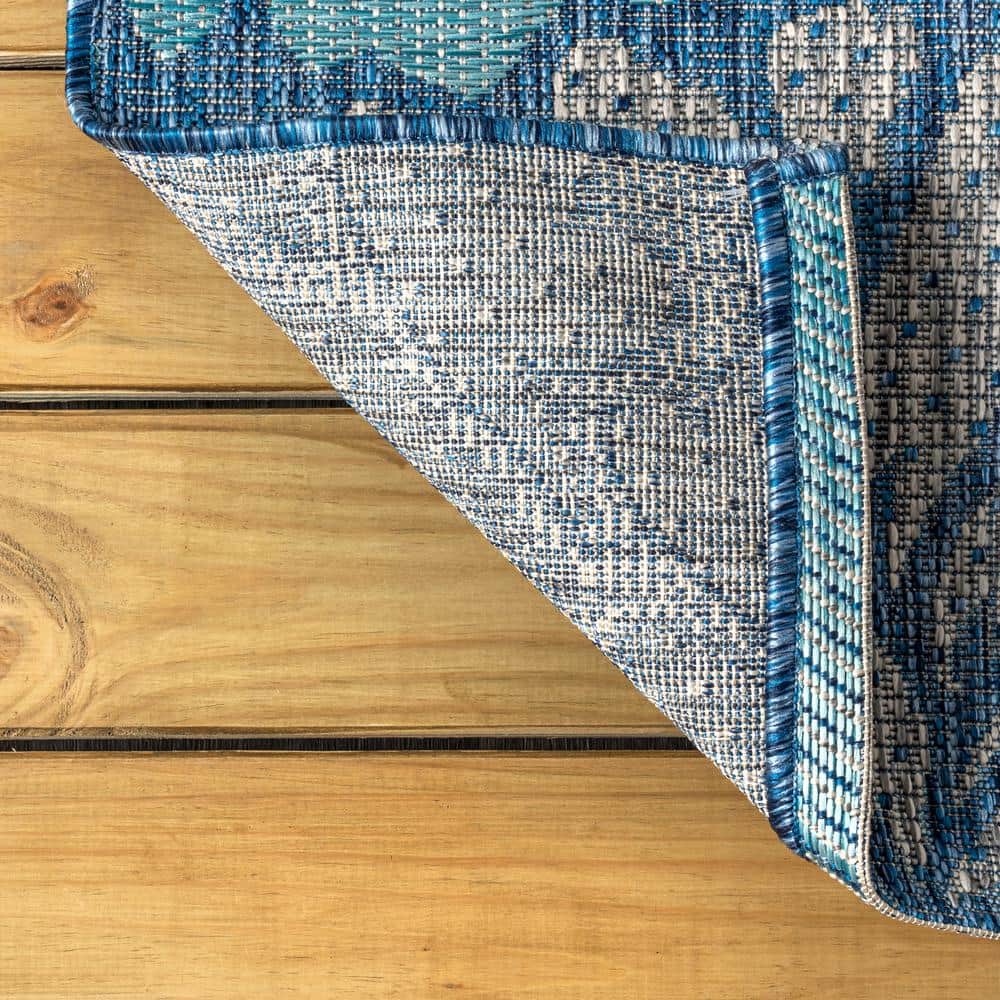 Navy and Aqua Floral Flat Woven Runner Rug