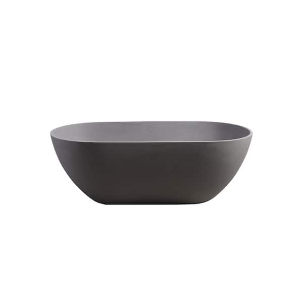 63 in. x 29.5 in. Solid Surface Freestanding Soaking Bathtub Stone Resin Flat Bottom Tub with Overflow in Matte Gray