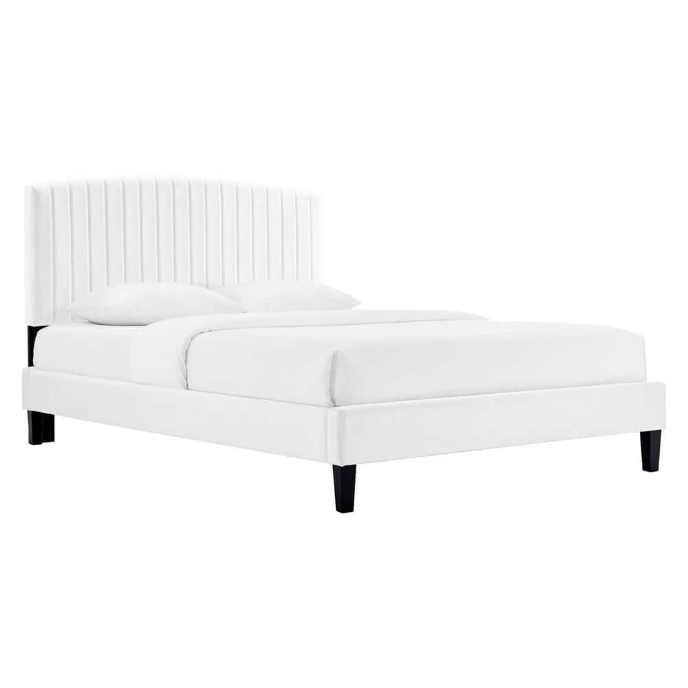 MODWAY Alessi Performance White Wood Frame Velvet Queen Platform Bed ...