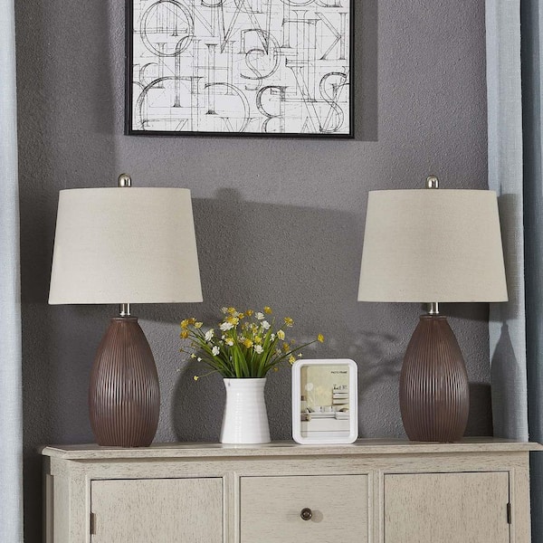 22 in. Brown Vintage Dimmable Ceramic Bedroom Living Room Bedside Desk Nightstand Table Lamps (Set of 2)