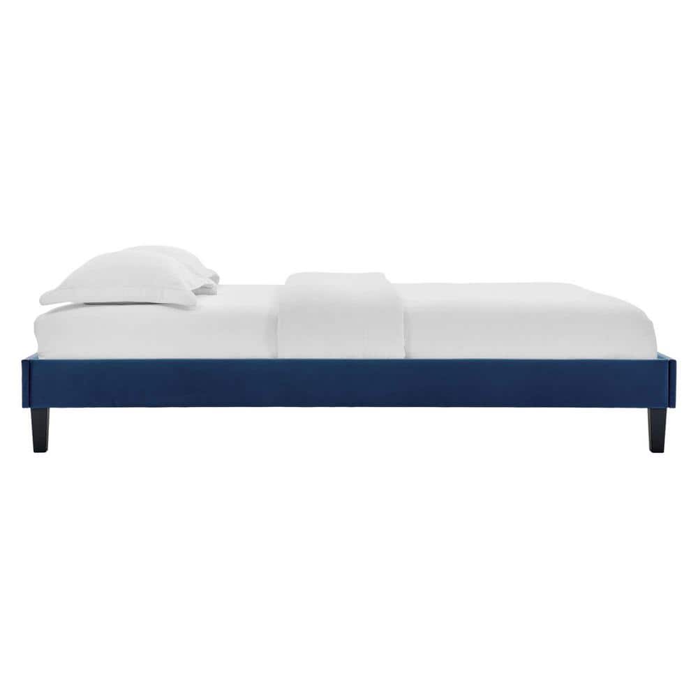 Elegant Navy King Platform Bed with Velvet Upholstery and Wood Frame