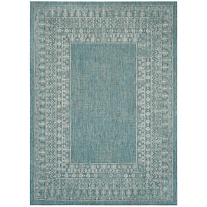 Courtyard Blue/Gray 8 ft. x 11 ft. Border Ornate Indoor/Outdoor Area Rug