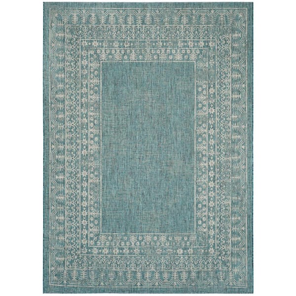 Courtyard Blue/Gray 8 ft. x 11 ft. Border Ornate Indoor/Outdoor Area Rug
