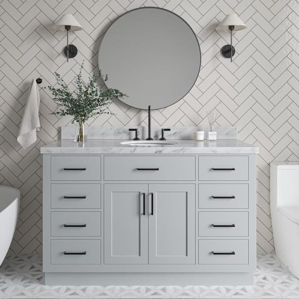 ARIEL Hepburn 55 in. W x 22 in. D x 36 in. H Bath Vanity in Grey with Carrara Marble Vanity Top in White with White Basin