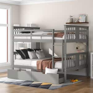 Gray Full Wood Bunk Bed with Drawers and Ladder
