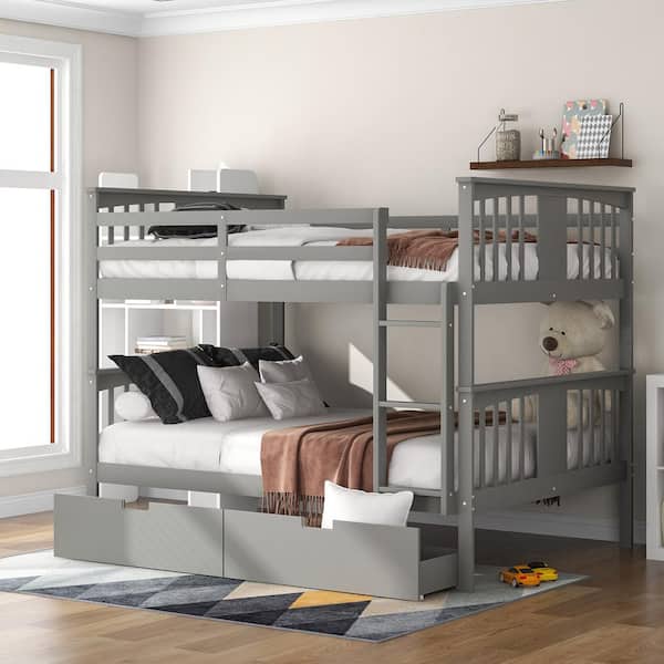 Harper & Bright Designs Gray Full Wood Bunk Bed with Drawers and Ladder