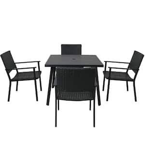 5-Piece PE Wicker Dining Table Chairs with Umbrella Hole