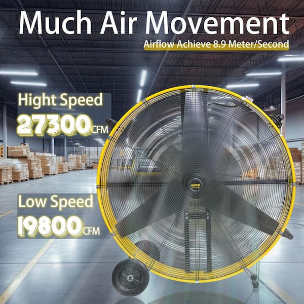 HiCFM 42 in. Yellow Industrial Drum Fan, 27300 CFM, 2-Speed, Heavy Duty Metal Floor Fan for Commercial and Warehouse Use