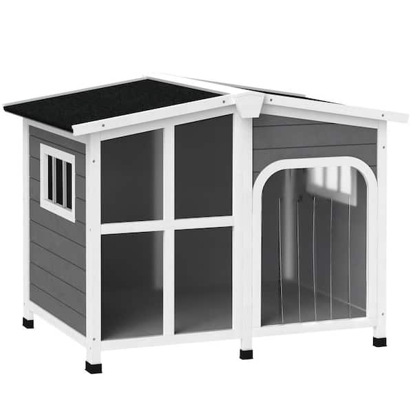 Outside Cabin-Style Wooden Dog House for Large Dogs with Openable Roof and Giant Window, Dark Gray