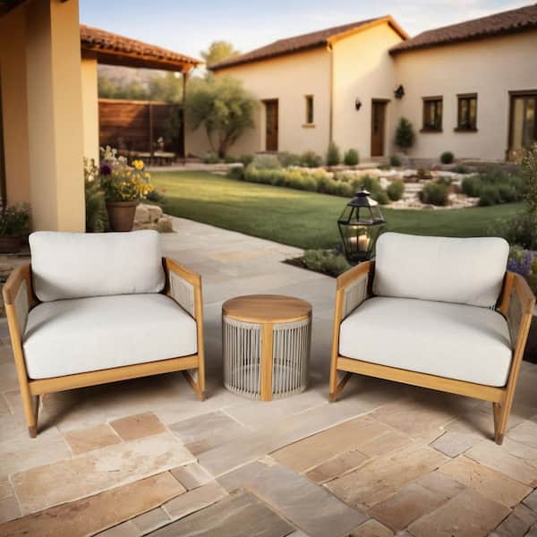 Guzal 3-Piece Acacia Wood Patio Outdoor Conversation Set with Cream Cushions