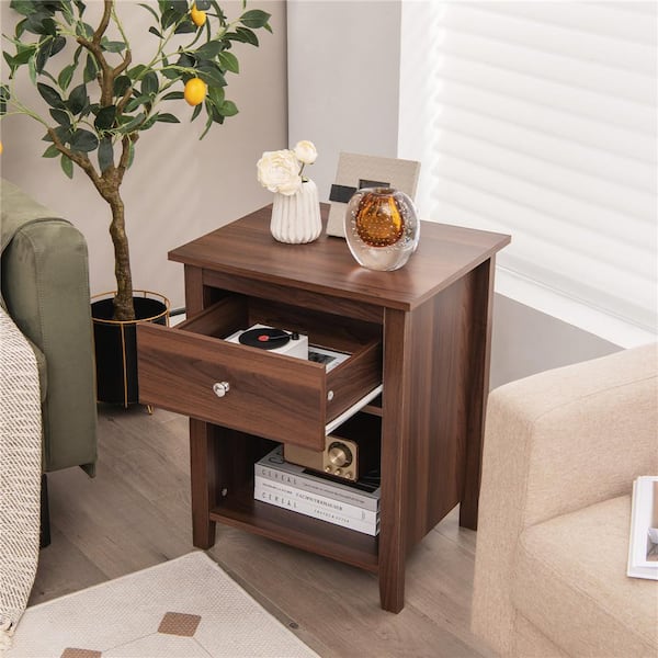 Costway Walnut 1-Drawer 19 in. W Nightstand Bedside Table with Open Shelf for Living Room Bedroom