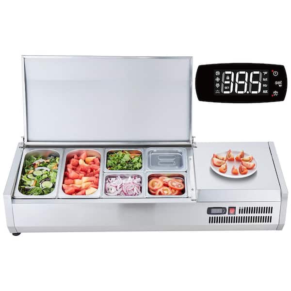 Refrigerated Condiment Prep Station, 135-Watt Countertop Unit, 2 1/3 and 4 1/6 Pans, 304 Stainless Steel Body and PC Lid