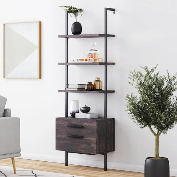 Nathan James Theo Warm Nutmeg Wood and Black Steel Frame Bookcase or Bookshelf with 2 Drawers