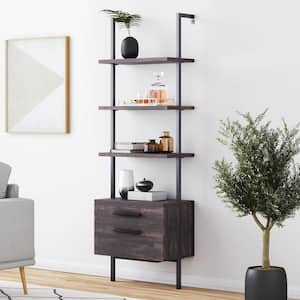 Theo Warm Nutmeg Wood and Black Steel Frame Bookcase or Bookshelf with 2 Drawers