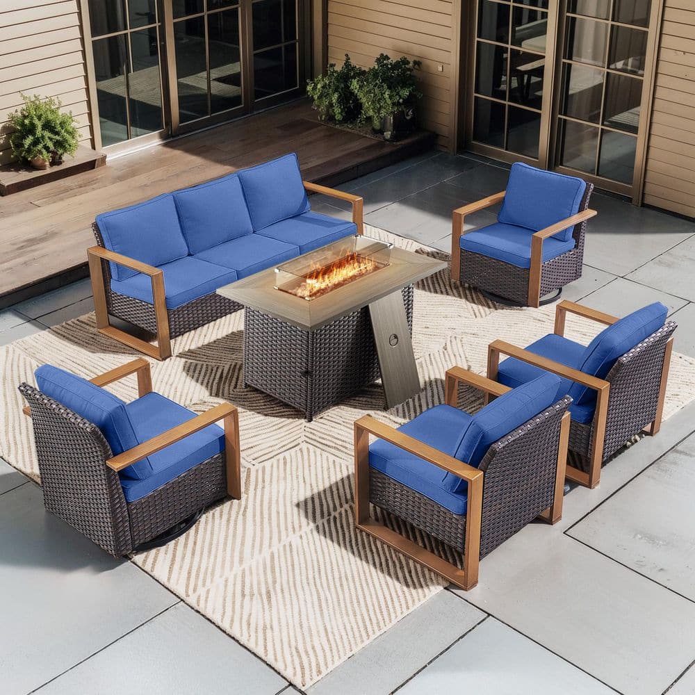 Funky 6-Piece Brown Wicker Patio Fire Pit Conversation Seating Set with Swivel Rocking Lounge Chairs with Blue Cushions price history on PriceWatchPro