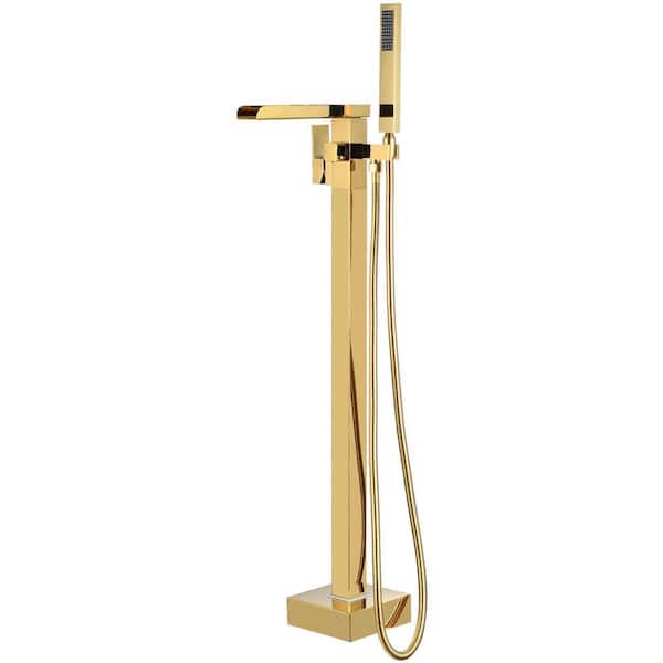 Single-Handle Claw Foot Tub Faucet Freestanding Floor Mount Roman Tub Faucet with Waterfall Spout in Polished Gold